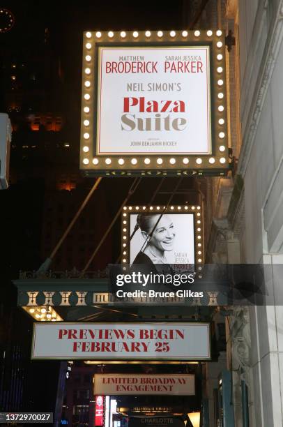 Signage at Neil Simon's "Plaza Suite" on Broadway at The Hudson Theatre on February 25, 2022 in New York City. "Plaza Suite" was originally scheduled...