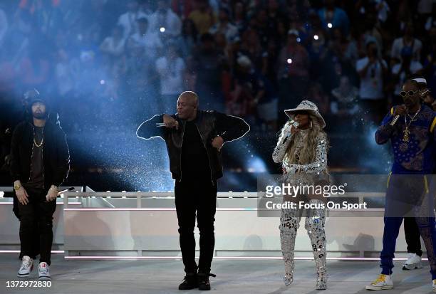Eminem, Dr. Dre, Mary J. Blige and Snoop Dogg performs during the Pepsi Super Bowl LVI Halftime Show at SoFi Stadium on February 13, 2022 in...