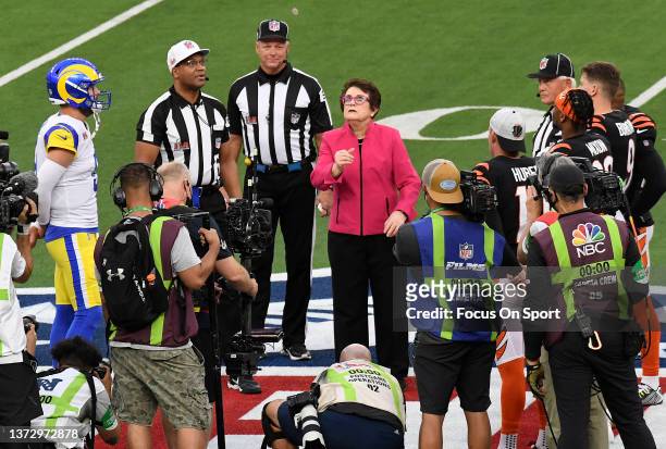 Women"u2019s tennis legend Billie Jean King come out for the coin toss prior to the start of Super Bowl LVI between the Los Angeles Rams and...