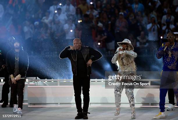 Eminem, Dr. Dre, Mary J. Blige and Snoop Dogg performs during the Pepsi Super Bowl LVI Halftime Show at SoFi Stadium on February 13, 2022 in...