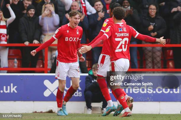 James Garner of Nottingham Forest celebrates after scoring his sides second goal during the Sky Bet Championship match between Nottingham Forest and...