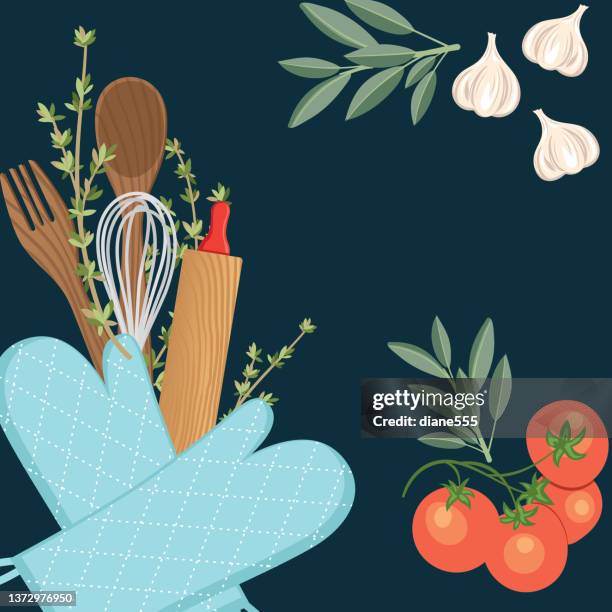 foods and cooking background with copy space, placed on black - rolling pin overhead stock illustrations
