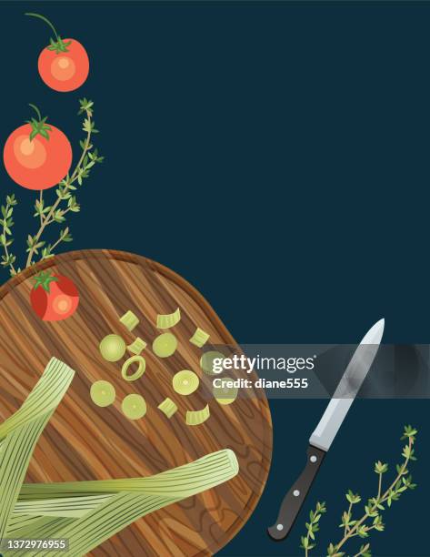 foods and cooking background with copy space, placed on black - empty cutting board overhead stock illustrations