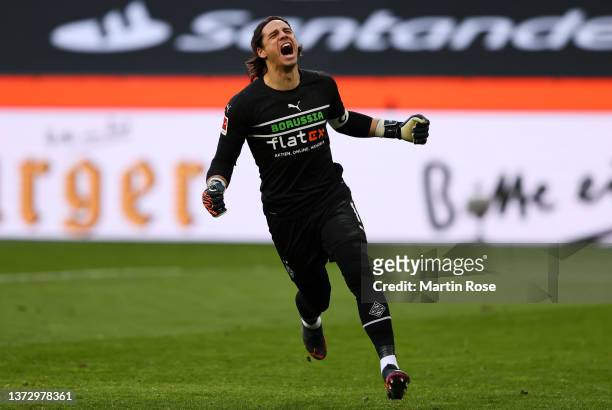 Yann Sommer of Borussia Moenchengladbach celebrates after their side score their second goal during the Bundesliga match between Borussia...