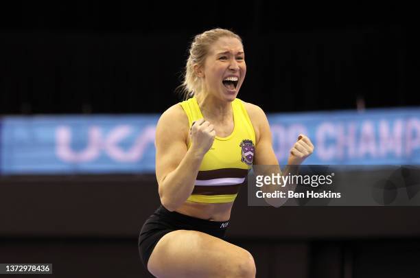 Sophie Cook of Halesowen celebrates during the Women's Pole Vault Final during day one of the UK Athletics Indoor Championships at Utilita Arena...