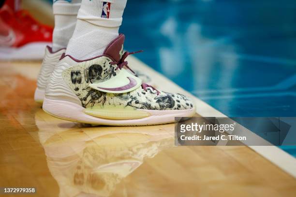 The shoes of P.J. Washington of the Charlotte Hornets are seen on the court in the first half of the game against the Toronto Raptors at Spectrum...