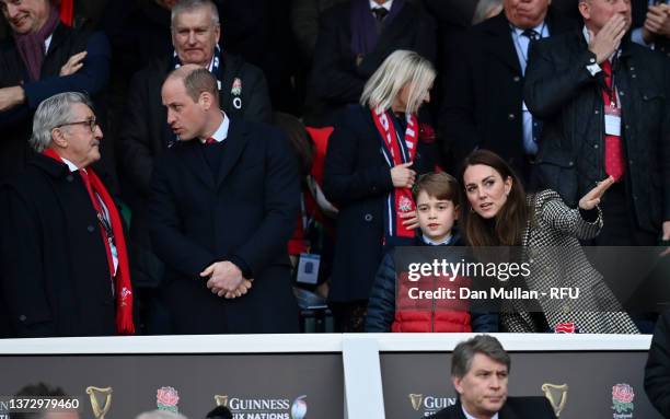 Catherine, Duchess of Cambridge speaks to their son Prince George of Cambridge prior to the Guinness Six Nations Rugby match between England and...