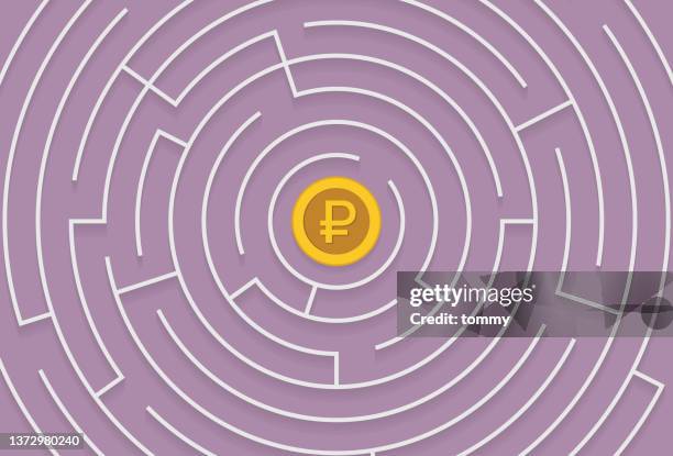 labyrinth with a russian ruble coin - impossible maze stock illustrations