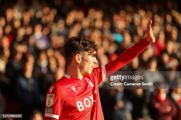 James Garner of Nottingham Forest takes a corner during the Sky Bet Championship match between Nottingham Forest and Bristol City at City Ground on...