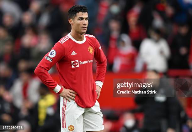 Cristiano Ronaldo of Manchester United reacts after the Premier League match between Manchester United and Watford at Old Trafford on February 26,...