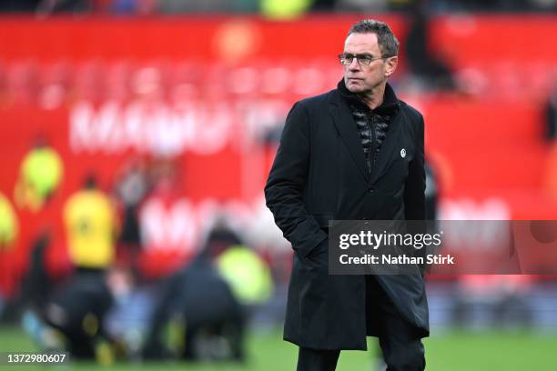 Ralf Rangnick, Interim Manager of Manchester United looks on after their sides draw during the Premier League match between Manchester United and...