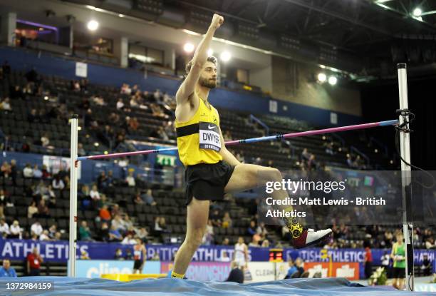Rory Dwyer of Stra reacts during the Men's High Jump Final during day one of the UK Athletics Indoor Championships at Utilita Arena Birmingham on...