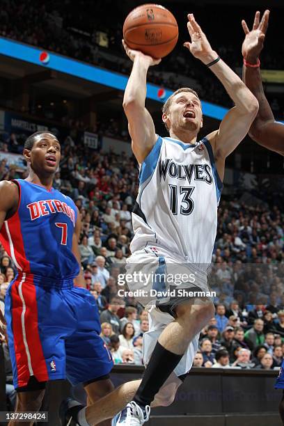 Luke Ridnour of the Minnesota Timberwolves goes to the baskey during the game against the Detroit Pistons January 18, 2012 at Target Center in...