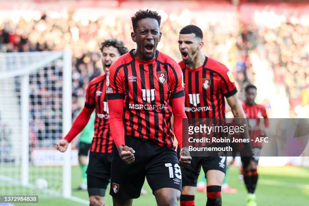 Jamal Lowe of Bournemouth celebrates after he scores a goal to make it 2-1 during the Sky Bet Championship match between AFC Bournemouth and Stoke...