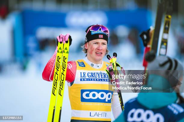 Johannes Hoesflot Klaebo of Norway after the Individual Sprint at the FIS World Cup Cross-Country Lahti on February 26, 2022 in Lahti, Finland.