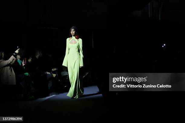 Model walks the runway at the Philosophy by Lorenzo Serafini fashion show during the Milan Fashion Week Fall/Winter 2022/2023 on February 26, 2022 in...