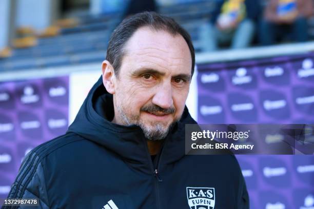 Coach Michael Valkanis of KAS Eupen during the Jupiler Pro League match between Union St. Gilloise and KAS Eupen at Stade Joseph Marien on February...