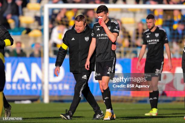 Stef Peeters of KAS Eupen receives medical treatment during the Jupiler Pro League match between Union St. Gilloise and KAS Eupen at Stade Joseph...