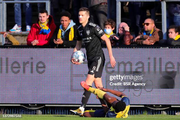 Stef Peeters of KAS Eupen during the Jupiler Pro League match between Union St. Gilloise and KAS Eupen at Stade Joseph Marien on February 26, 2022 in...