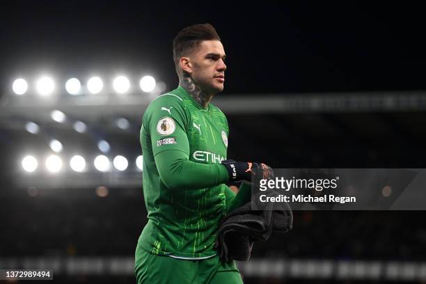 Ederson of Manchester City leaves the pitch for half time during the Premier League match between Everton and Manchester City at Goodison Park on...