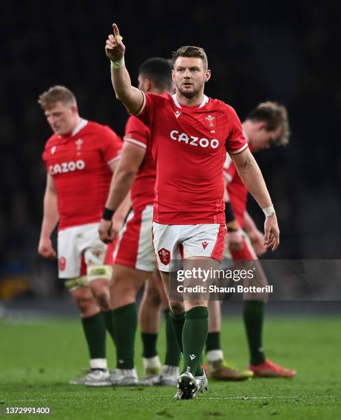 Dan Biggar of Wales looks on during the Guinness Six Nations Rugby match between England and Wales at Twickenham Stadium on February 26, 2022 in...