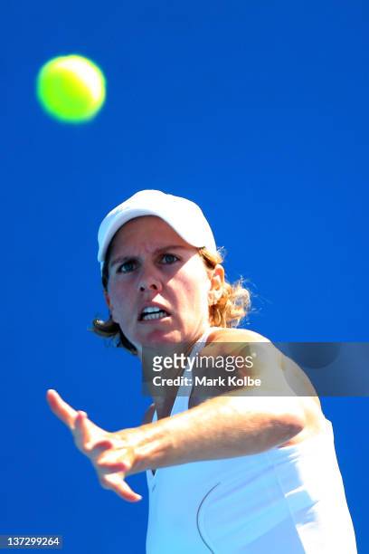 Greta Arn of Hungary plays a forehand in her second round match against Dominika Cibulkova of Slovakia during day four of the 2012 Australian Open at...