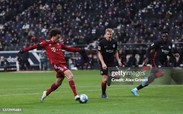 Leroy Sane of FC Bayern Muenchen scores their first goal during the Bundesliga match between Eintracht Frankfurt and FC Bayern München at Deutsche...