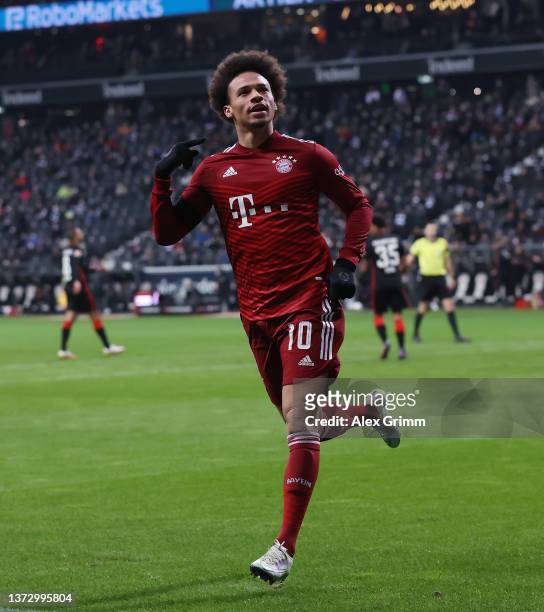Leroy Sane of FC Bayern Muenchen celebrates after scoring their first goal during the Bundesliga match between Eintracht Frankfurt and FC Bayern...