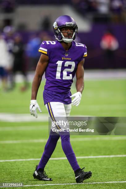 Dede Westbrook of the Minnesota Vikings looks on before the start of the game against the Los Angeles Rams at U.S. Bank Stadium on December 26, 2021...