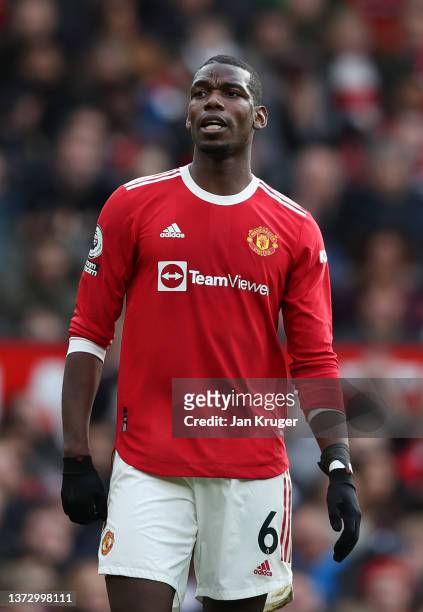 Paul Pogba of Manchester United in action during the Premier League match between Manchester United and Watford at Old Trafford on February 26, 2022...