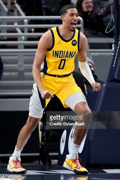 Tyrese Haliburton of the Indiana Pacers reacts in the first quarter against the Oklahoma City Thunder at Gainbridge Fieldhouse on February 25, 2022...