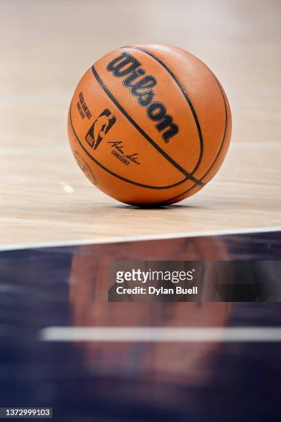 Detail view of a basketball on the court during the game between the Oklahoma City Thunder and the Indiana Pacers at Gainbridge Fieldhouse on...