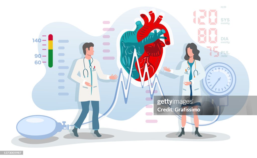 Ilustração vetorial plana dois médico falando sobre doenças cardíacas e sistema cardiovascular