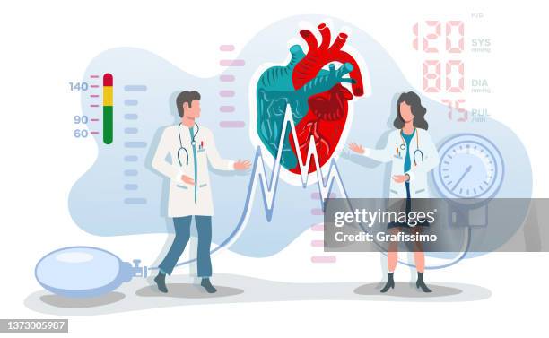 flat vector illustration two doctor speaking about heart disease and cardiovascular system - digital marketing tools stock illustrations