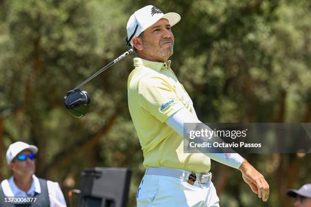 Sergio Garcia of FireBalls GC plays his tee shot on the 7th hole during day one of LIV Golf - AndalucÌa at Real Club Valderrama on June 30, 2023 in...