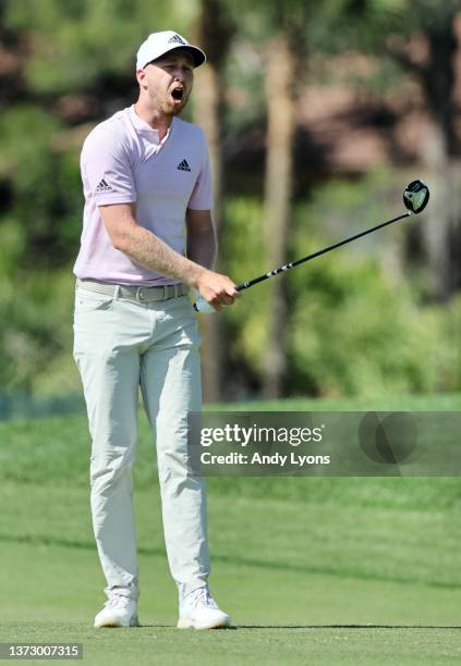 Daniel Berger reacts to his shot during the third round of The Honda Classic at PGA National Resort And Spa on February 26, 2022 in Palm Beach...