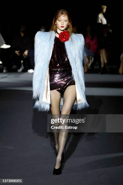 Model walks the runway at the Philosophy by Lorenzo Serafini fashion show during the Milan Fashion Week Fall/Winter 2022/2023 on February 26, 2022 in...