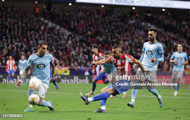 Renan Lodi of Atletico Madrid scores their first goal during the LaLiga Santander match between Club Atletico de Madrid and RC Celta de Vigo at...