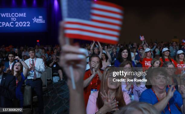 People listen to speakers s during the Conservative Political Action Conference being held at The Rosen Shingle Creek on February 26, 2022 in...