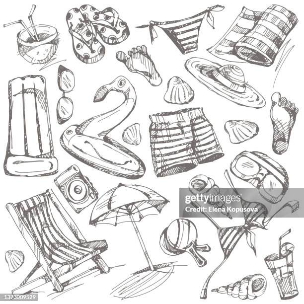 summer pen drawings on isolated white background. set of graphic summer icons - seashells, swimwear, tropical drinks, flamingos, glasses and so on. vector illustration in eps 10 format. - outdoor chair white background stock illustrations