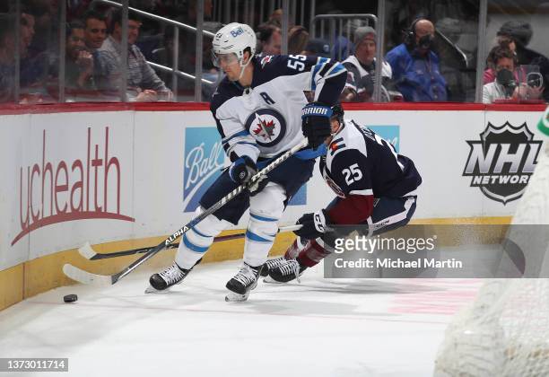 Mark Scheifele of the Winnipeg Jets skates against the Colorado Avalanche at Ball Arena on February 25, 2022 in Denver, Colorado.