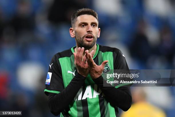 Domenico Berardi of US Sassuolo reacts during the Serie A match between US Sassuolo and ACF Fiorentina at Mapei Stadium - Citta' del Tricolore on...