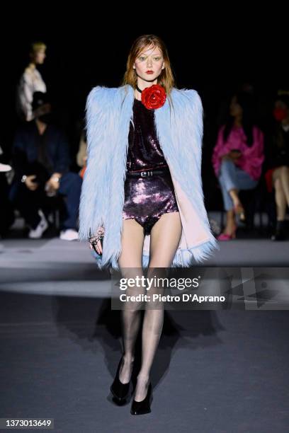 Model walks the runway at the Philosophy by Lorenzo Serafini fashion show during the Milan Fashion Week Fall/Winter 2022/2023 on February 26, 2022 in...