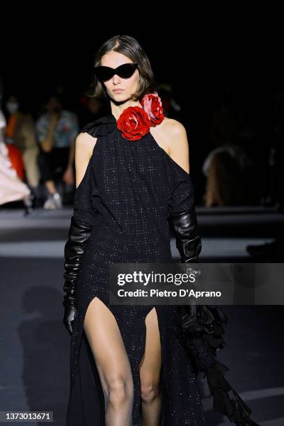 Model walks the runway at the Philosophy by Lorenzo Serafini fashion show during the Milan Fashion Week Fall/Winter 2022/2023 on February 26, 2022 in...