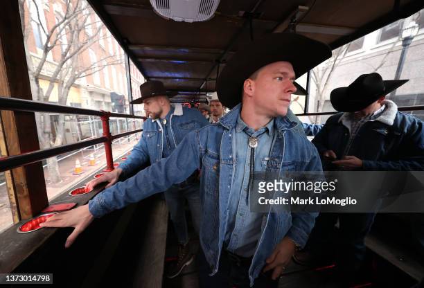 Erik Cernak and Ondrej Palat of the Tampa Bay Lightning ride a bus to Nissan Stadium for the 2022 NHL Stadium Series game between the Tampa Bay...