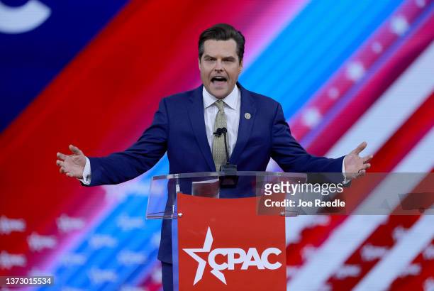 Rep. Matt Gaetz speaks during the Conservative Political Action Conference at The Rosen Shingle Creek on February 26, 2022 in Orlando, Florida. CPAC,...