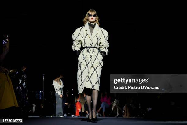 Model walks the runway at the Philosophy by Lorenzo Serafini fashion show during the Milan Fashion Week Fall/Winter 2022/2023 on February 26, 2022 in...