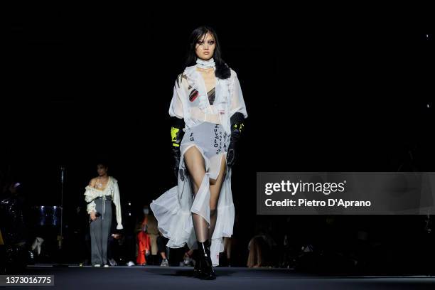 Model walks the runway at the Philosophy by Lorenzo Serafini fashion show during the Milan Fashion Week Fall/Winter 2022/2023 on February 26, 2022 in...