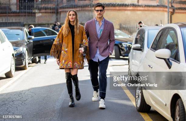 Couple Olivia Palermo seen wearing brown jacket with fringes, black dress, black over knee boots & Johannes Huebl wearing button shirt, blazer, navy...