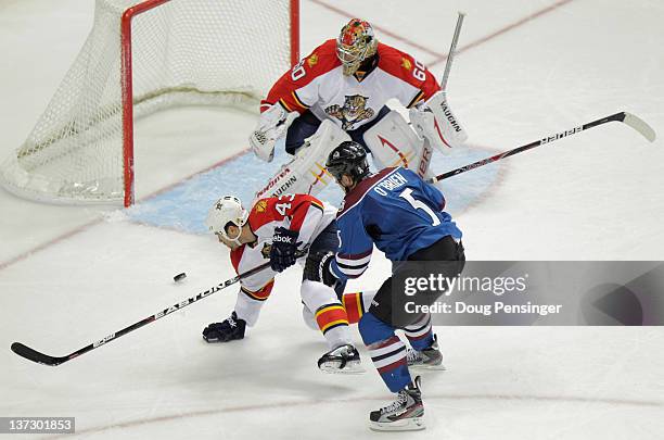 Shane O'Brien of the Colorado Avalanche takes a shot against Mike Weaver of the Florida Panthers and goalie Jose Theodore of the Florida Panthers at...